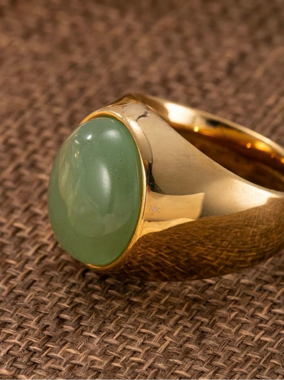 Gold-Tone Signet Ring with Green Natural Stone Cabochon